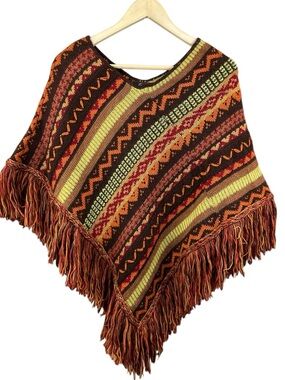 Vintage Iperico Made in Italy Knit Wool Blend Boho Poncho Shawl One Size